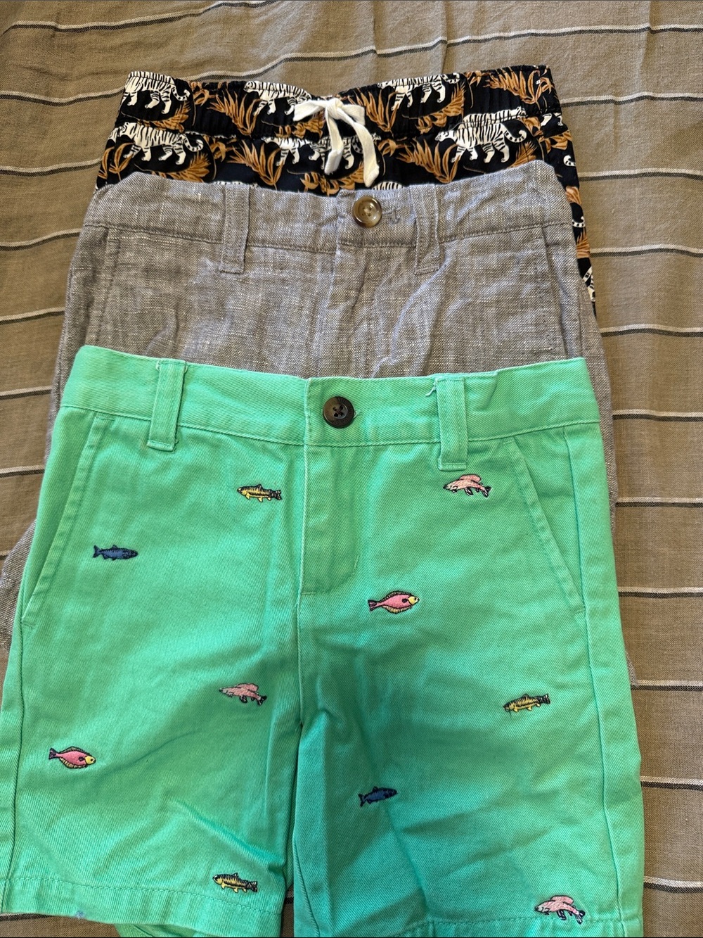 Janie and Jack Mint Green Fish Shorts, Tiger shorts and Jcrew brown shorts